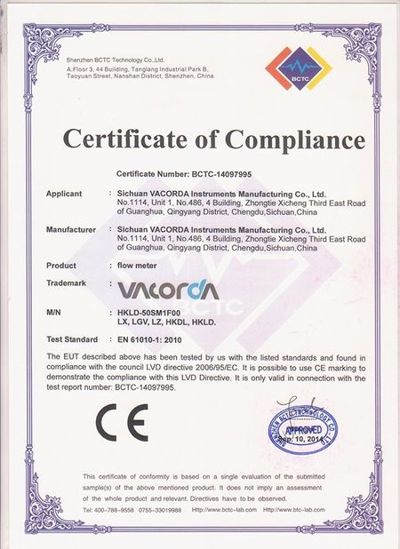चीन Sichuan Vacorda Instruments Manufacturing Co., Ltd प्रमाणपत्र